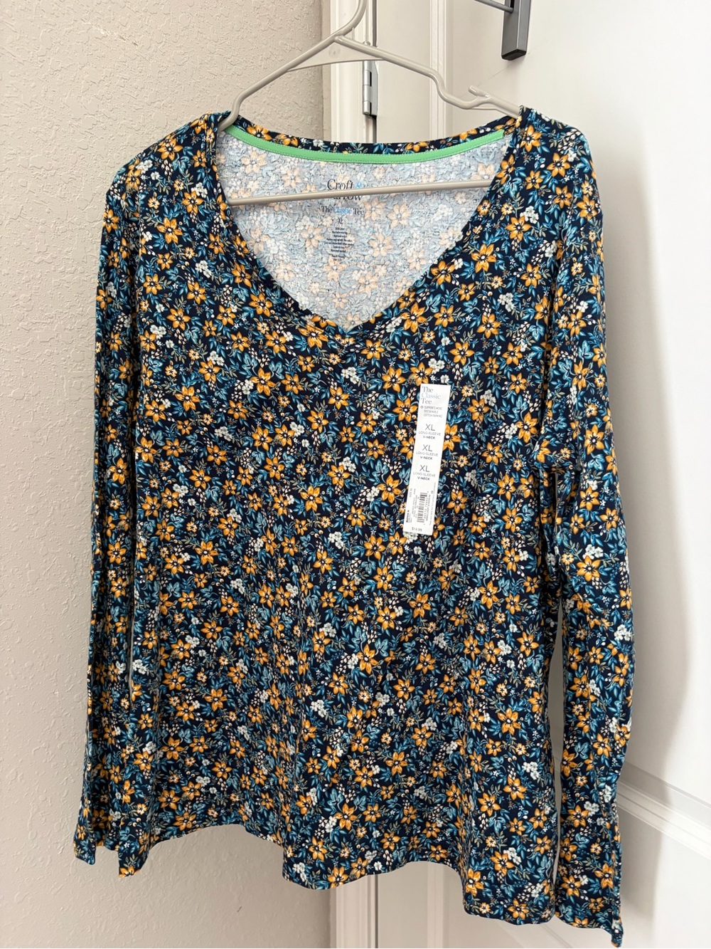 Cato Navy Floral V-Neck Long Sleeve Top with Mustard Accents